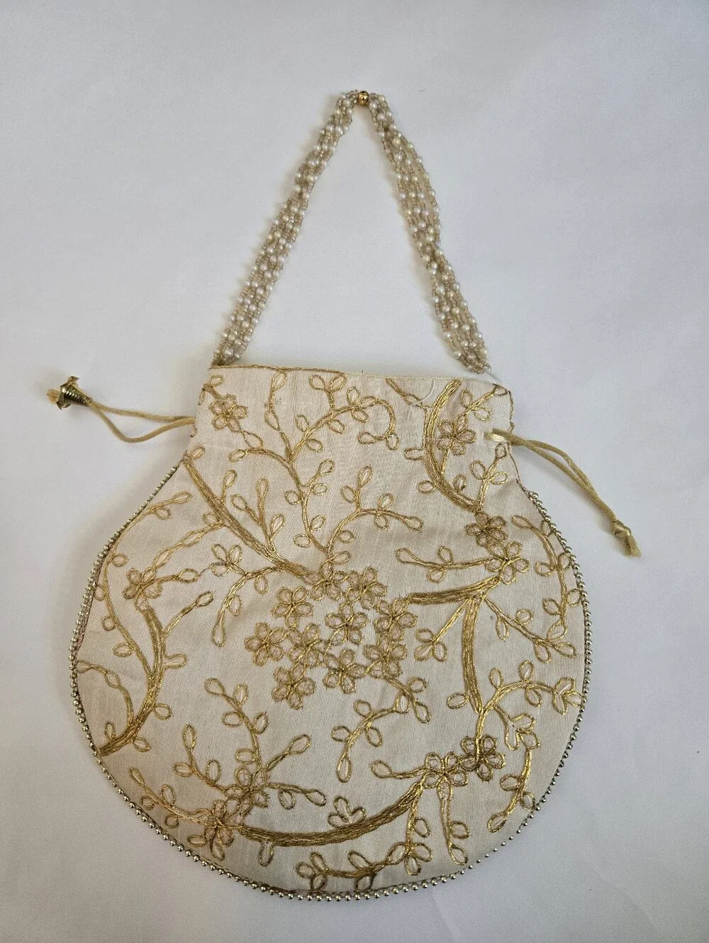 Beautifully Embroidered Delicate Ivory & Gold Evening Bag with Pearl Handle